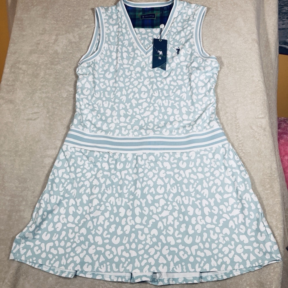 NWT William Murray Golf Dress L Sleeveless White Blue For Esteban Print Animal